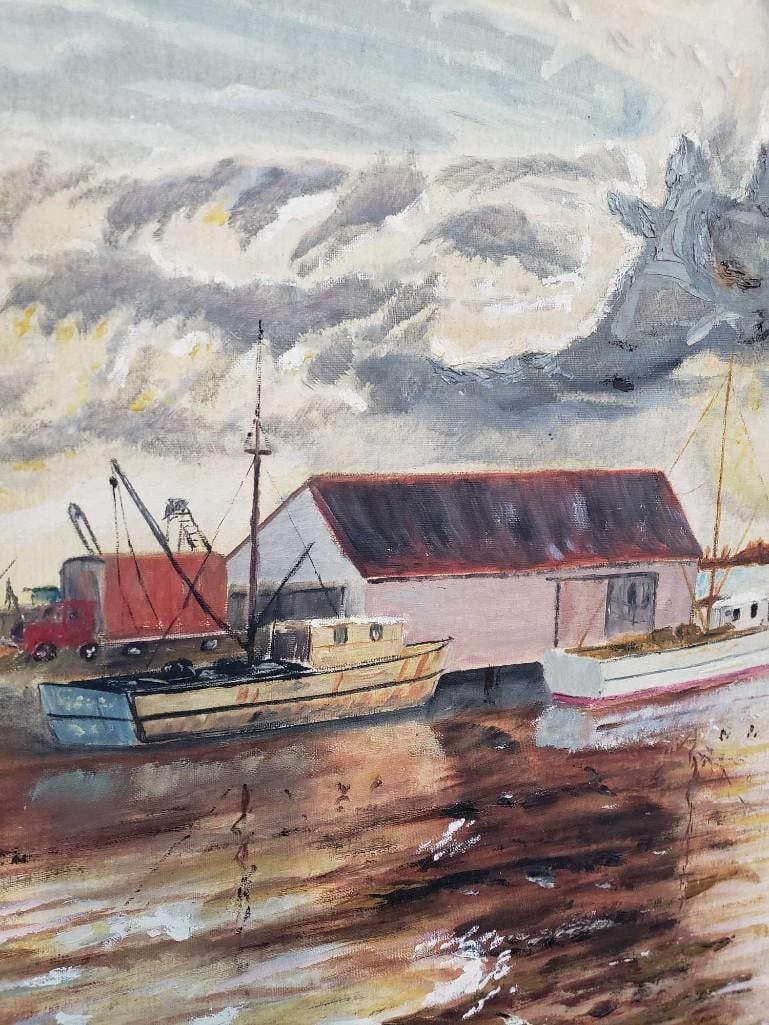 JOHN VROOLANDER '68 SIGNED ACRYLIC ON ARTIST BOARD "DOCK SCENE WITH FISHING BOATS" (1 of 6)