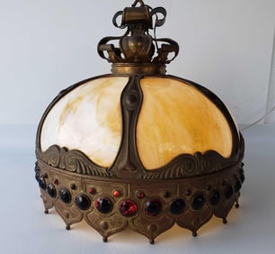 ART NOUVEAU EMBOSSED BRASS, SLAG GLASS AND COLORED GLASS HANGING FIXTURE