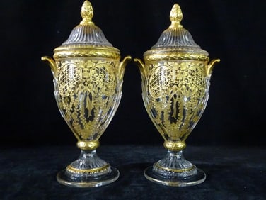 PAIR OF BACCARAT STYLE GILT DECORATED CRYSTAL URNS