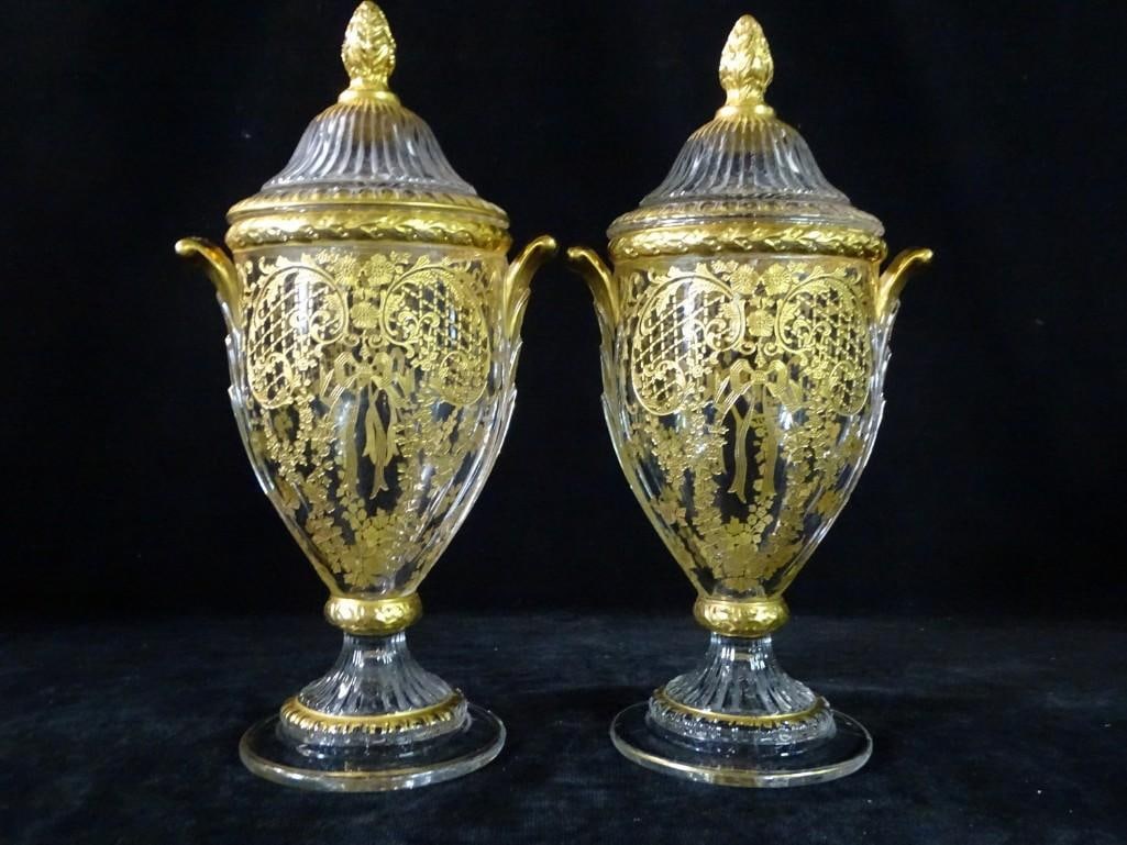 PAIR OF BACCARAT STYLE GILT DECORATED CRYSTAL URNS (1 of 6)