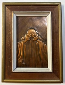 COPPER EMBOSSED ART OF MAN WITH HANDS LIKELY BY ADAM HAIC