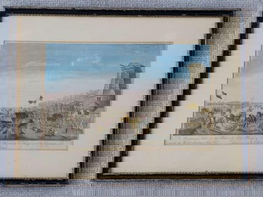 ANTIQUE HAND COLORED FRENCH ETCHING BY JOHN JUNE