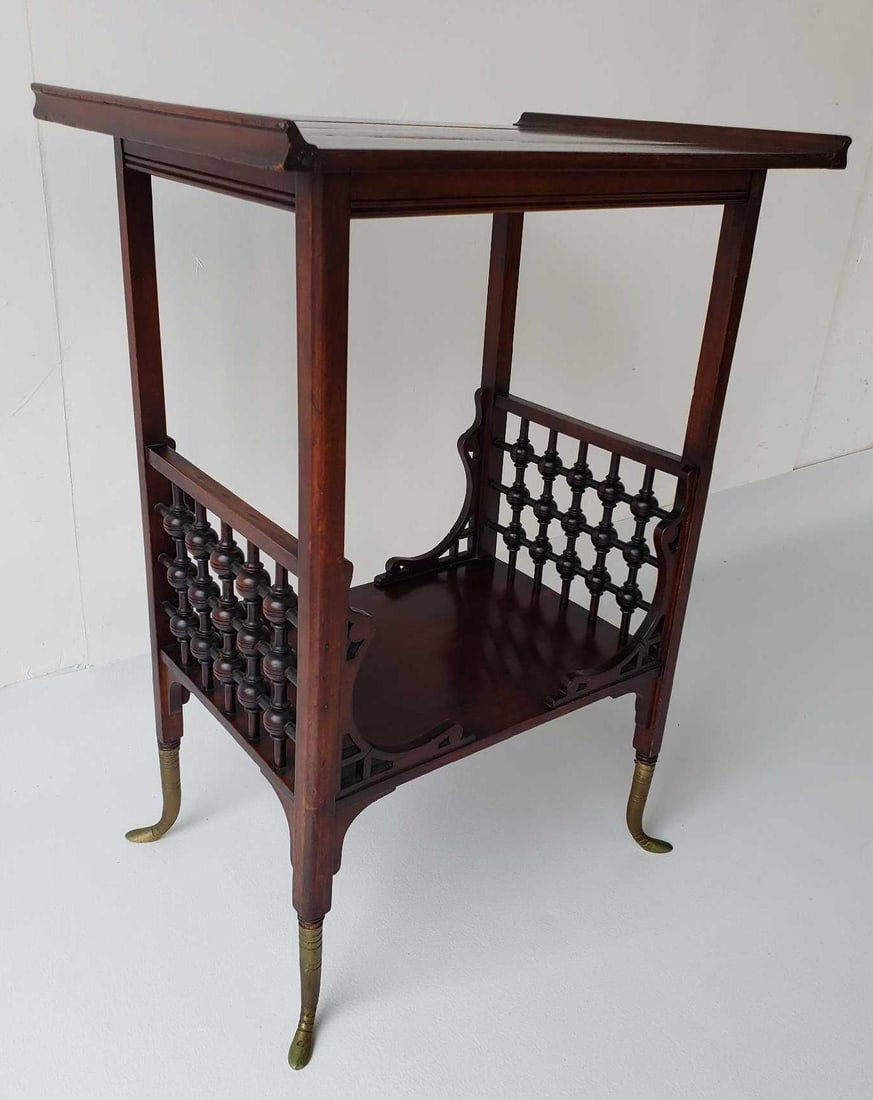 CARVED MAHOGANY TWO-TIER OCCASIONAL TABLE WITH STICK AND BALL DETAIL AND WHIMSICAL BRASS FEET (1 of 10)