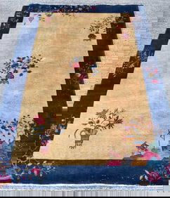 ANTIQUE HANDMADE WOOL CHINESE ART DECO RUG IN DEEP BEIGE AND BLUE WITH URN FLOWER MOTIF 5'11" X 8'8"