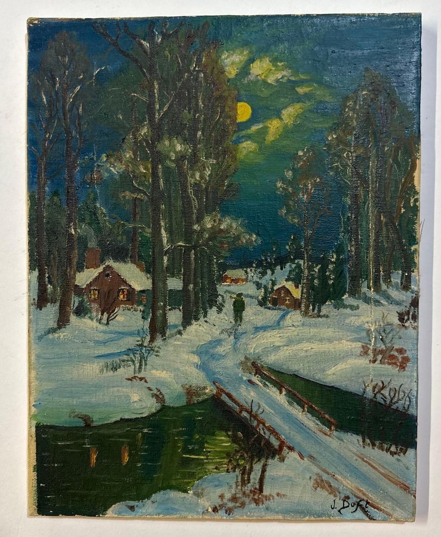 WINTER SCENE OIL PAINTING SIGNED J. DOFT? (1 of 1)