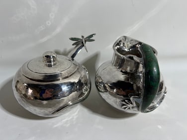 LIVING ESTATE OF JOSEPH RODANO: RARE EMILIA CASTILLO SILVER & MALACHITE LIZARD PITCHER AND DRAGONFLY