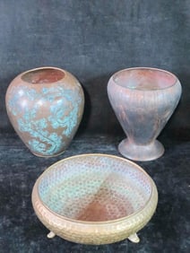 COLLECTION OF COPPER ITEMS: TWO VASES & ONE HAMMERED BOWL INCLUDING WMF