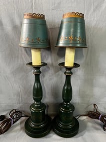 PAIR OF VINTAGE REGENCY STYLE CANDLE STICK LAMPS AND FOUR TOLE SHADES
