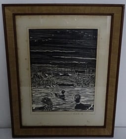 VINTAGE MID-CETURY RAY HENKOWSKY "THE NIGHT IS YOUNG" WOODCUT PENCIL SIGNED (1965)