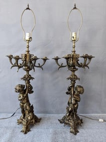 PAIR OF NEO-CLASSICAL BRONZE CHERUB LAMPS
