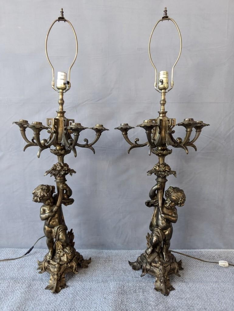 PAIR OF NEO-CLASSICAL BRONZE CHERUB LAMPS (1 of 12)