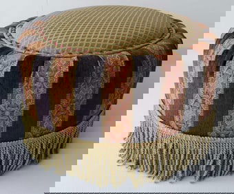 TAPESTRY UPHOLSTERED POUF | OTTOMAN WITH FRINGE DETAIL