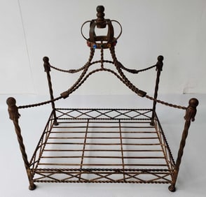 ORNATE GILT METAL PET BED WITH COLORED GLASS BEAD DETAIL
