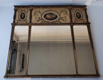 NEOCLASSICAL PAINT DECORATED CARVED WOOD AND GESSO TRIPTYCH MANTEL MIRROR 51" X 56.75"