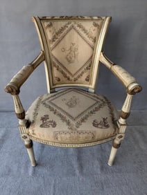 ANTIQUE LOUIS XVI STYLE PAINT DECORATED UPHOLSTERED FAUTEUIL CHAIR