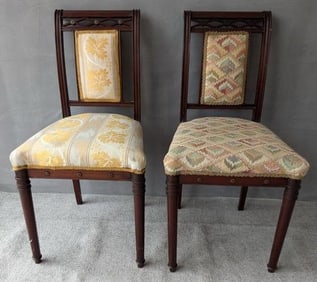 NEAR PAIR OF ANTIQUE REGENCY MAHOGANY BRASS MOUNTED UPHOLSTERED SIDE CHAIRS