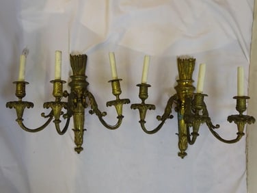 PAIR OF BRONZE THREE LIGHT SCONCES WITH ARROW AND QUIVER MOTIF
