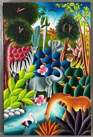 HAITIAN PRIMITIVIST JUNGLE PAINTING OIL ON CANVAS SIGNED BY RENOWNED ARTIST L. DUMONT - SOME REPAIRS