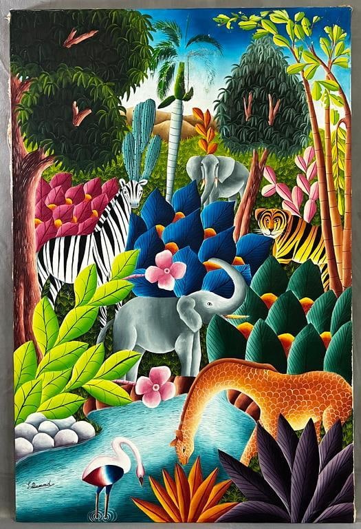 HAITIAN PRIMITIVIST JUNGLE PAINTING OIL ON CANVAS SIGNED BY RENOWNED ARTIST L. DUMONT - SOME REPAIRS: This Haitian Primitivist jungle painting, signed by the renowned artist L. Dumont, is a vibrant and captivating artwork that showcases the unique style and energy of Haitian art. The bold colors, expr