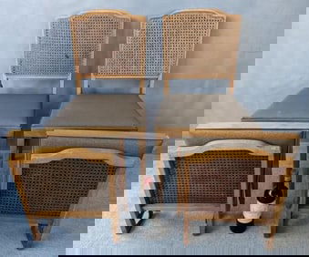 SET OF FOUR MID-CENTURY MODERN LEG-O-MATIC FOLDING CHAIRS WITH RATTAN BACKS