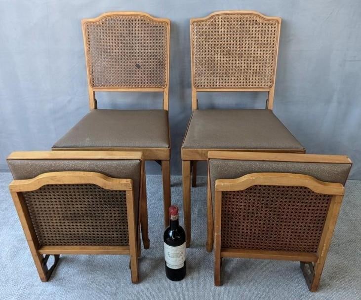 SET OF FOUR MID-CENTURY MODERN LEG-O-MATIC FOLDING CHAIRS WITH RATTAN BACKS (1 of 13)
