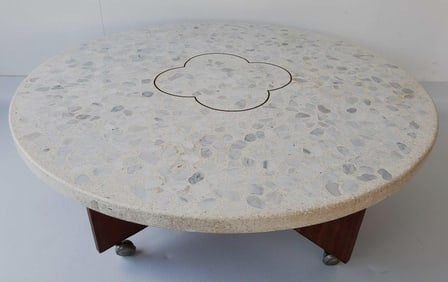 MID CENTURY WALNUT AND RIVER ROCK AGGREGATE, QUATREFOIL INLAID COCKTAIL TABLE 15.5" X 38" DIAMETER