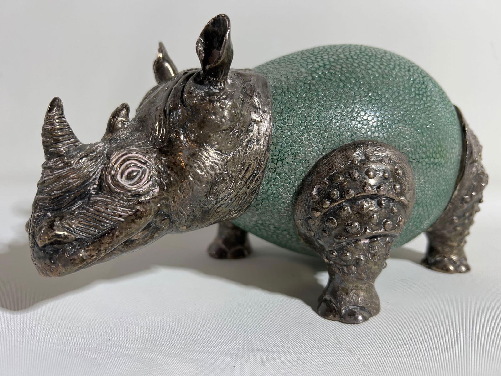 LOTUS ART DE VIVRE SHAGREEN AND STERLING SILVER RHINOCEROS STATUE (1 of 8)