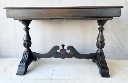 VINTAGE MECHANICAL CARVED WOOD TABLE WITH INTERIOR LEAF