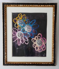 MIXED MEDIA ON PAPER "SMILING FLOWERS" SIGNED DEBORAH BUCK