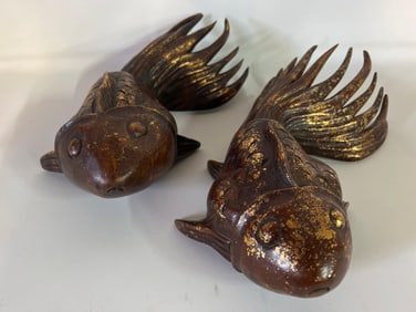 PAIR OF VINTAGE ASIAN CARVED WOODEN FISH SCULPTURES WITH GILT