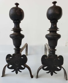 PAIR OF ANTIQUE BRASS AND IRON ANDIRONS 19.5" X 8.5" X 18"