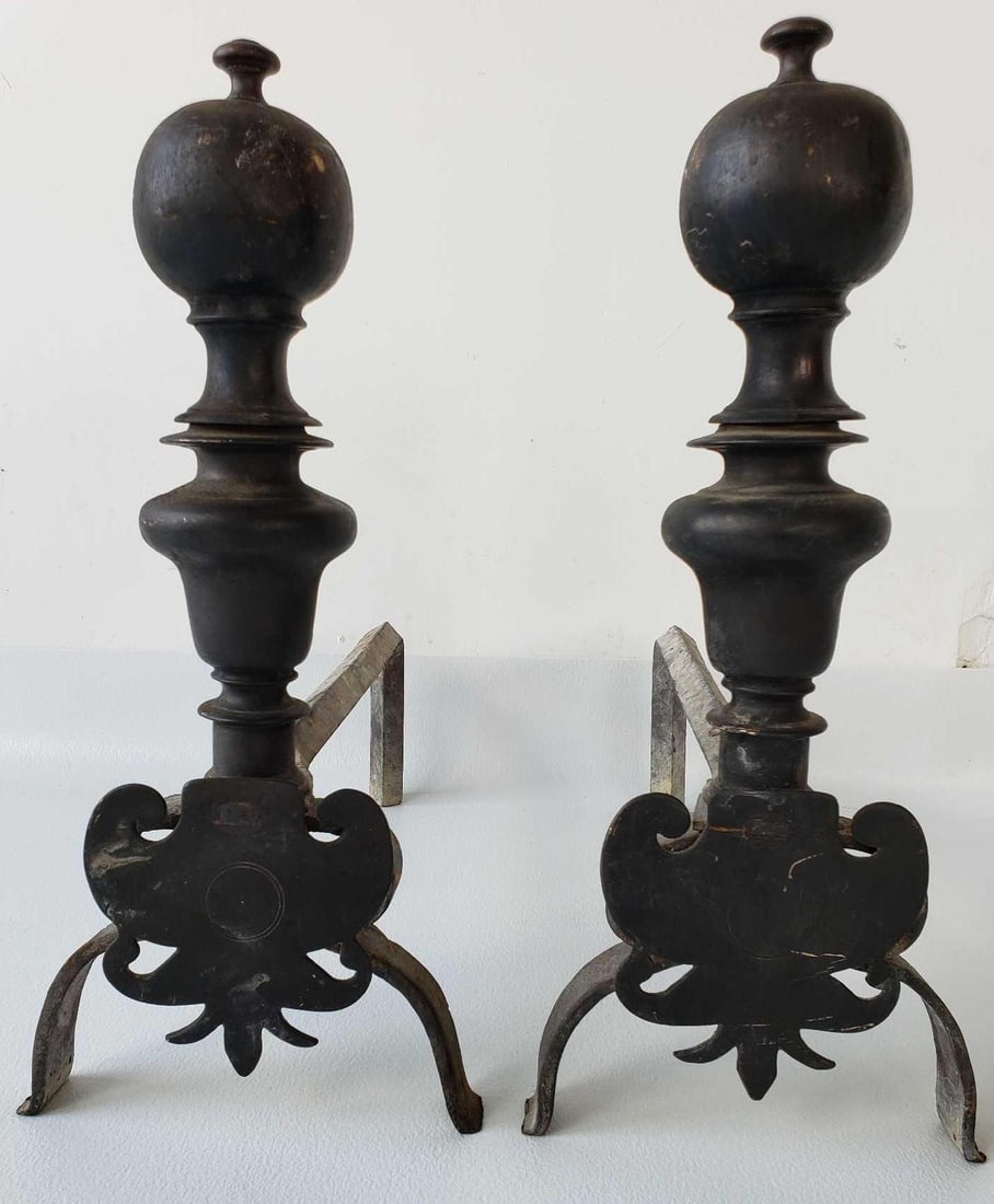 PAIR OF ANTIQUE BRASS AND IRON ANDIRONS 19.5" X 8.5" X 18" (1 of 7)