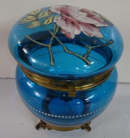 HAND PAINTED, BRASS MOUNTED BLUE GLASS COVERED BOX