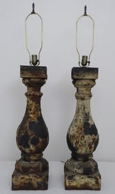 PAIR XL LAMPS, ANTIQUE IRON REPURPOSED BALUSTER BASE DISTRESSED EFFECT W/ CREAM LIGHT SHADES