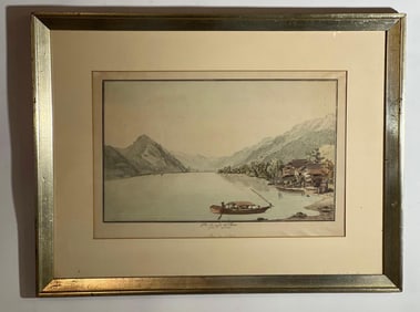 LIVING ESTATE OF JOSEPH RODANO: "VUE DU LAC DE THOUN" VINTAGE FRENCH ENGRAVING OF THUN LAKE
