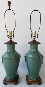 PAIR OF QUALITY CHINESE CELADON URN FORM LAMPS ON BRASS PLINTHS