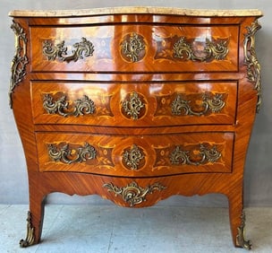 FRENCH 18TH/19TH CENTURY BRONZE MOUNTED MARQUETRY INLAID MARBLE TOP BOMBE COMMODE