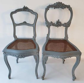 TWO ANTIQUE LOUIS XV STYLE PAINT DECORATED CANED SEAT SIDE CHAIRS