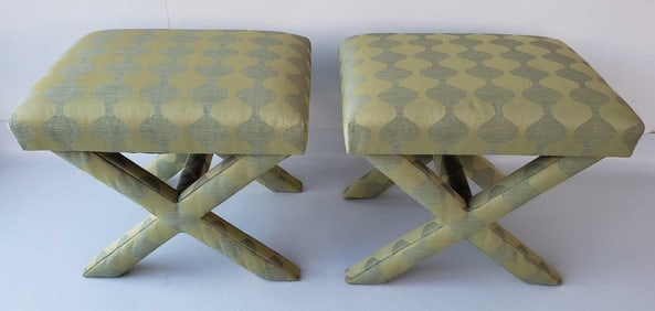 PAIR OF BILLY BALDWIN STYLE UPHOLSTERED X-LEG BENCHES 19.5" X 23" X 17.5"