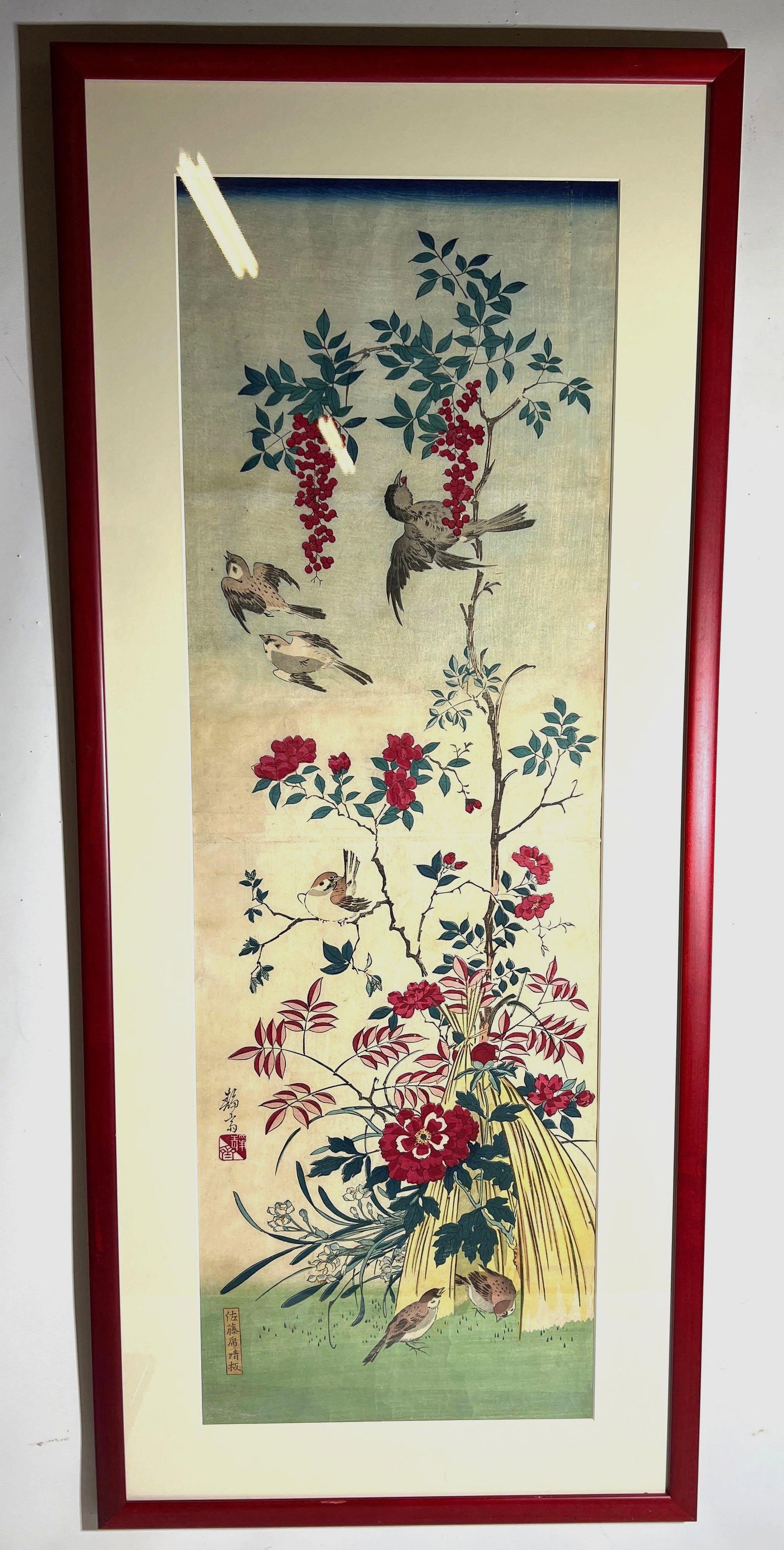 SEISAI WOODBLOCK PAINTING CIRCA 1880: This framed Japanese woodblock print by Seisai, dating to circa 1880, captures a delicate and detailed scene of birds and flowering branches. The overall framed dimensions are 42 inches by 18 inches, 