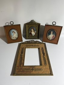 COLLECTION OF THREE MINIATURE PORTRAITS AND ONE ORNATE FRAME