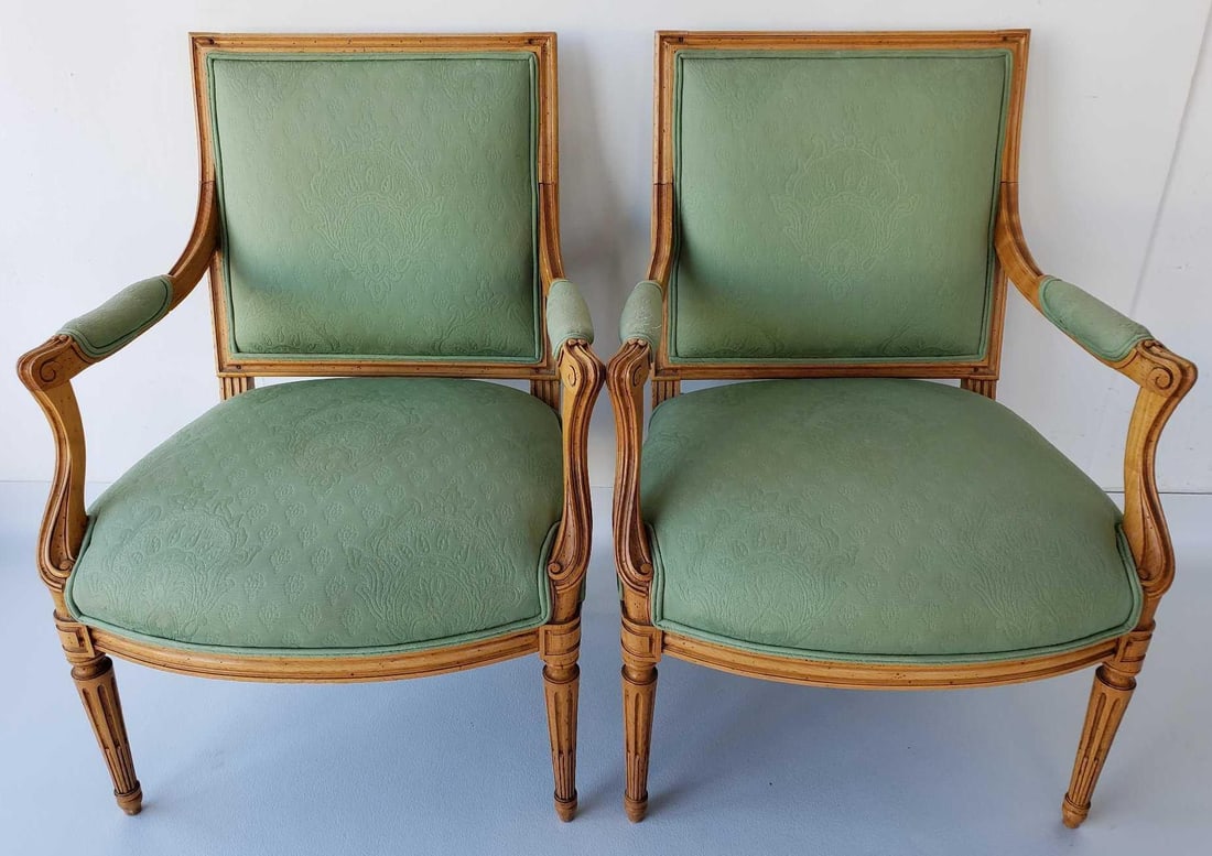 PAIR OF LOUIS XVI STYLE UPHOLSTERED WALNUT OPEN ARM CHAIRS (1 of 16)