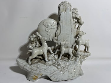 RARE VINTAGE BLANC DE CHINE WHITE PORCELAIN STATUE OF GOAT AND MOUNTAIN SCENE