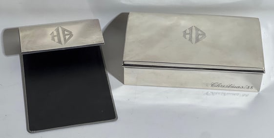 STERLING SILVER MONOGRAMMED DESK BOX AND TIFFANY & CO. PAPER NOTE HOLDER