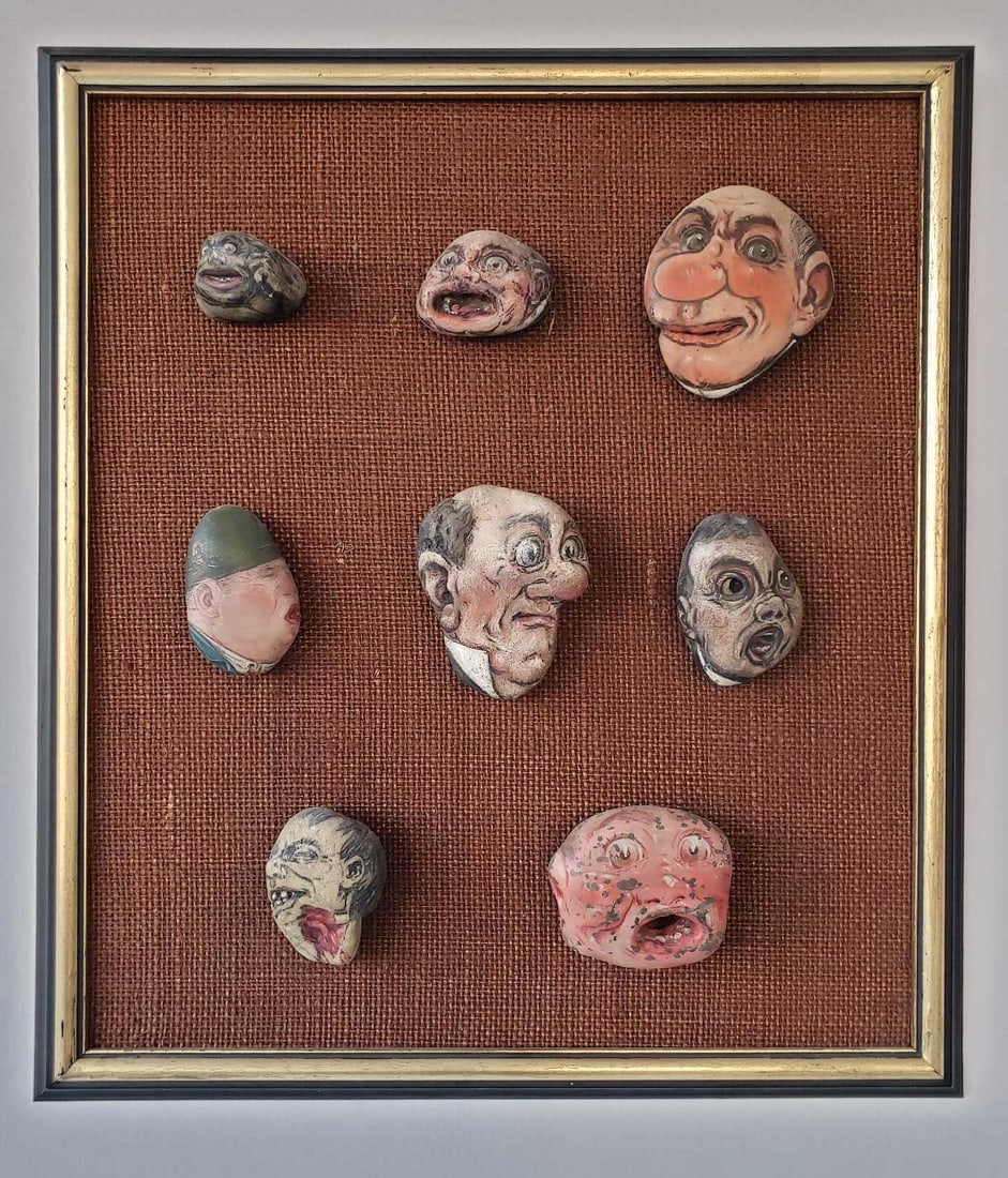 VINTAGE FRAMED COLLECTION OF PAINT DECORATED STONES (1 of 8)