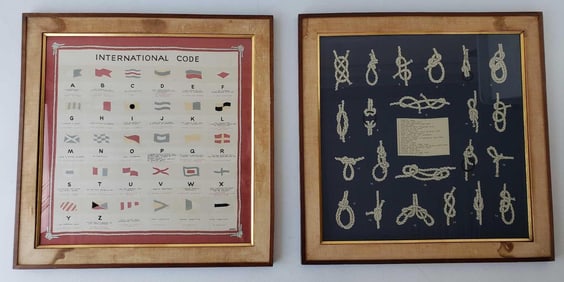 TWO VINTAGE FRAMED NAUTICAL PRINTS ON FABRIC "INTERNATIONAL CODE" AND "NAUTICAL KNOTS"