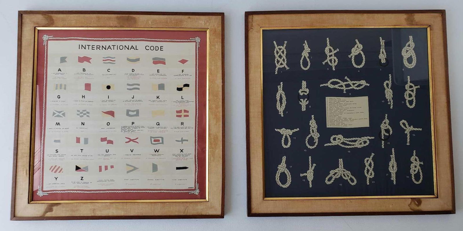 TWO VINTAGE FRAMED NAUTICAL PRINTS ON FABRIC "INTERNATIONAL CODE" AND "NAUTICAL KNOTS" (1 of 20)