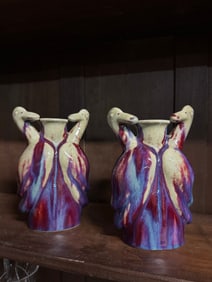 PAIR OF CHINESE FLAMBE GLAZED OXBLOOD VASES WITH DUCK | CRANE MOTIF