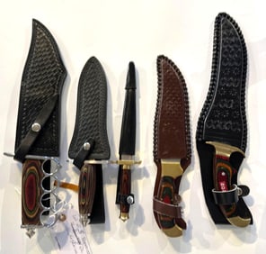 LOT OF 5 LARGE KNIVES FEATURING PAKKAWOOD HANDLES