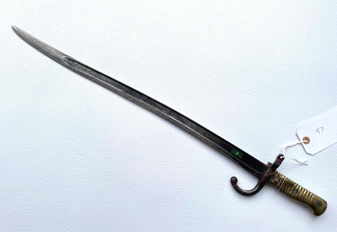 FRENCH CHASEPOT BAYONET IN ROUGH USED CONDITION: 57" LONG French Chassepot M1866 bayonet in heavily worn and used condition. The M1866 bayonet was designed for the Chassepot needle rifle, a standard French infantry weapon during the mid-to-late 
